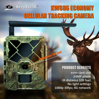 KW886 ट्रेल कैमरा 4G सिम कार्ड में निर्मित 24MP 1080P 30fps पर एपीपी नियंत्रण के साथ जलरोधक आईपी 67 गेम कैमरा