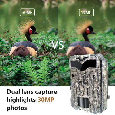 30MP छलावरण शिकार कैमरा 1080P वीडियो PIR फ़ंक्शन 48pcs IR LEDS ऊर्जा बचत 20 महीने स्टैंडबाय टाइम वाटरप्रूफ
