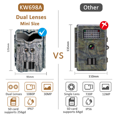 KW698A शिकार ट्रेल कैमरा दोहरी लेंस स्काउटिंग कैमरा 4K से 512GB तक गेम कैमरा नाइट विजन